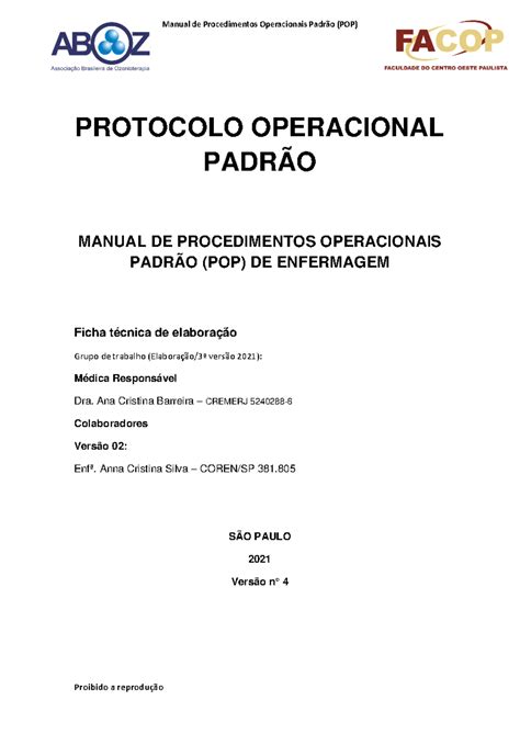 Protocolo Padr O Pop Aboz Protocolo Operacional Padr O Manual De