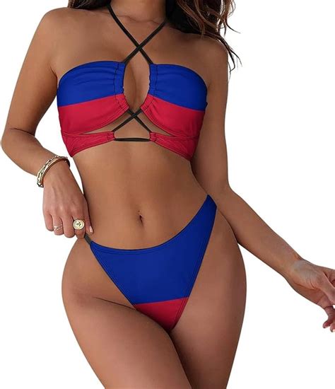 Amazon Haiti Flag Swimsuit For Women Two Piece Bathing Suit Women Swimwear Bikini S