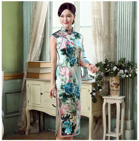 Spectacular Peony Flowers Fine Silk Qipao Cheongsam Dress Qipao