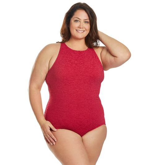 Penbrooke Krinkle Plus Size Chlorine Resistant High Neck One Piece