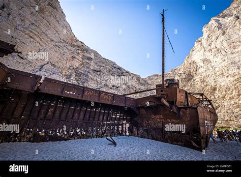 Fantastic View Of The Old Rusty Shipwreck Stranded On The Beach Of