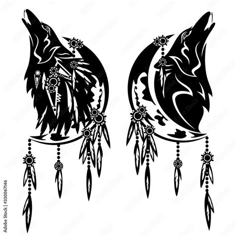 Howling Wolf And Crescent Moon Tribal Style Feathered Dream Catcher