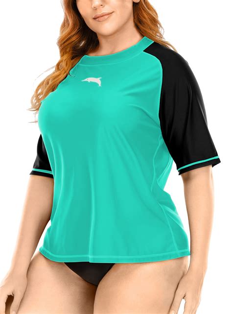 Halcurt Women S Plus Size Short Sleeve Rashguard Loose Fit UPF 50 Swim