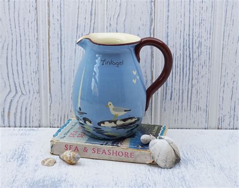 Vintage Babbacombe Pottery Jug Seagull Tintagel Devon Blueware Blue