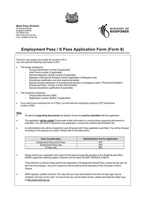 Employment Pass S Pass Application Form Ministry Of Manpower