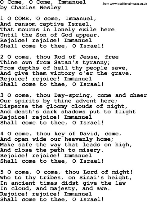 O Come O Come Immanuel By Charles Wesley Hymn Lyrics