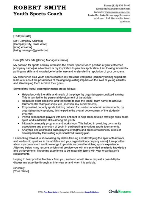 Youth Sports Coach Cover Letter Examples Qwikresume