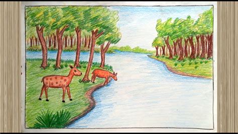 Oil Pastel Beautiful Forest Drawing With Animals