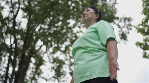 Asian Overweight Middle Aged Woman Doing Tai Chi Standing Exercise At