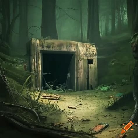 Entrance To Post Apocalyptic Underground Bunker In Forest Setting With