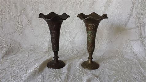 Antique Enameled Engraved Brass Vase Pair Made In British India 55 Tall Candle Holders