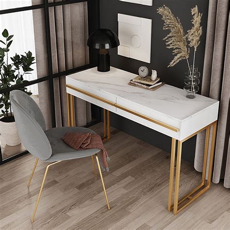 Rectangular White Office Desk With Drawers Marble Veneer Top Gold