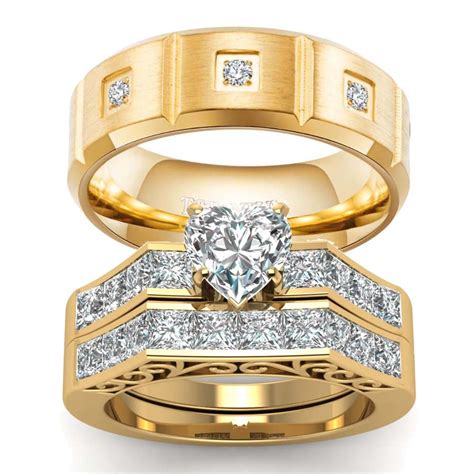 Two Rings His And Hers Wedding Ring Sets Couples Rings Yellow Gold Plated Heart White Cz