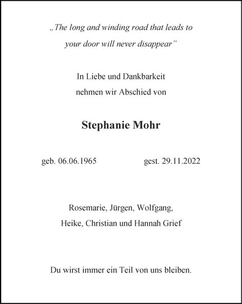 Traueranzeigen Von Stephanie Mohr Aachen Gedenkt