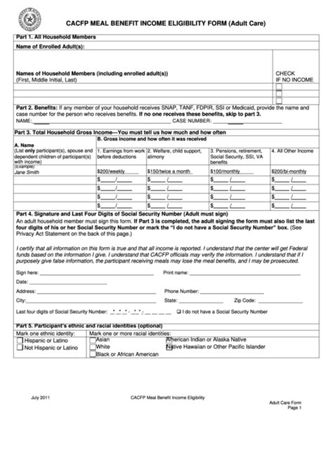 Cacfp Meal Benefit Income Eligibility Form Adult Care 2011