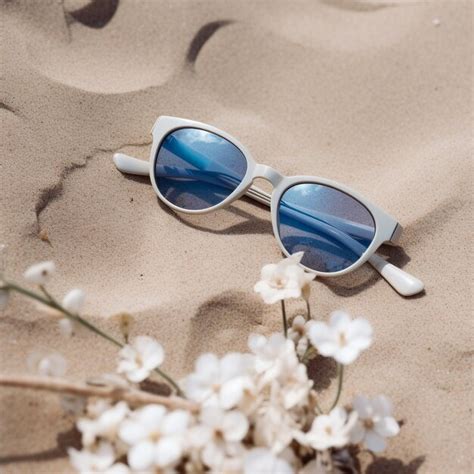 Premium Photo A Pair Of Sunglasses With Blue Lenses Sit In The Sand With White Flowers