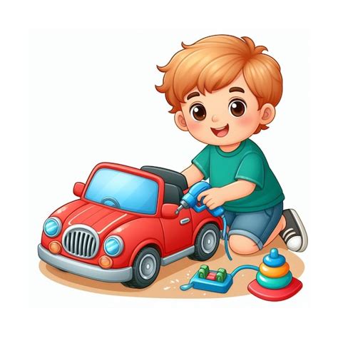 Niño jugando con un coche de juguete rojo aislado en blanco Imagen