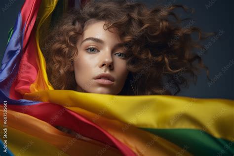 Expressive Generative AI Pride Photo Of Lesbian Woman With Rainbow Flag Patterns Inclusive