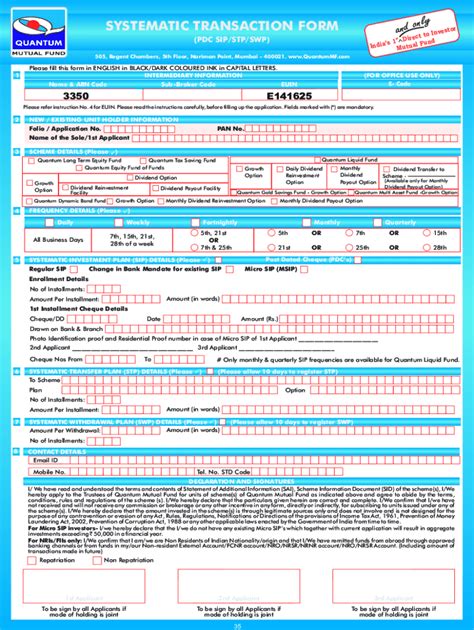 Fillable Online APPLICATION FORM FOR SYSTEMATIC TRANSACTIONS Fax Email