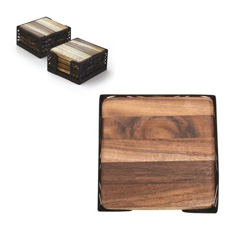 Pc Acacia Wood Square Coaster With Metal Stand Envision