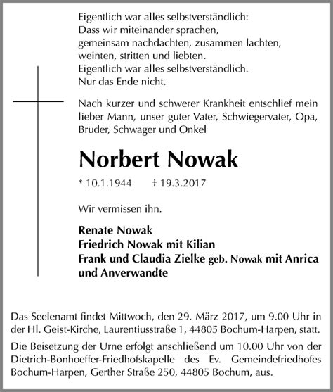 Traueranzeigen Von Norbert Nowak Trauer In NRW De