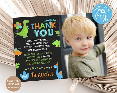 Editable Boy Dinosaur Birthday Thank You Dino Theme Blue Chalk Etsy