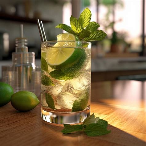 Un Vaso De Mojito Con Pajita Y Lima Al Lado Foto Premium