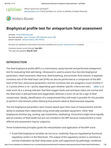 Biophysical Profile Test For Antepartum Fetal Assessment Uptodate