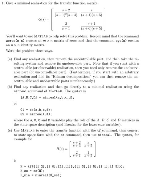 Give A Minimal Realization For The Transfer Chegg