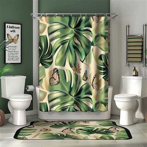 Nature Inspired Shower Curtains Monstera Deliciosa And Butterfly