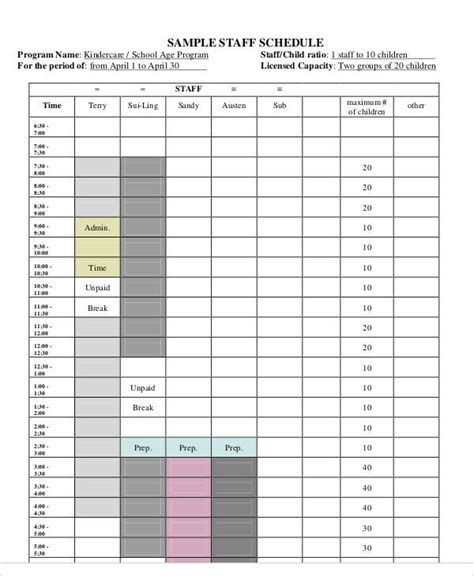 Daycare Staff Schedule Template