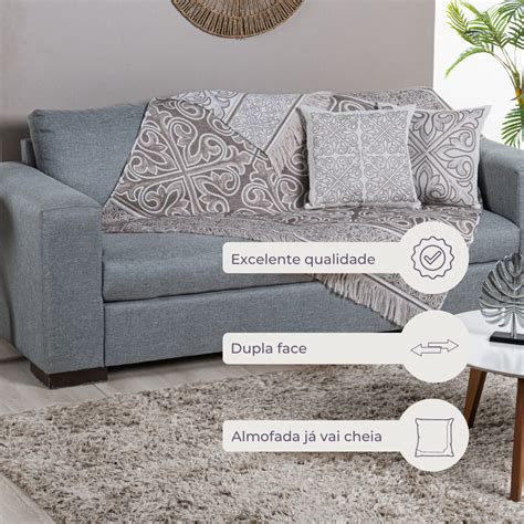 Kit Xale e Almofadas Decorativa Grécia Jacquard Dupla Face 05 Peças