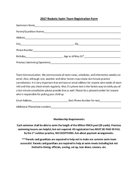 Fillable Online Rockets Swim Team Registration Form Fax Email