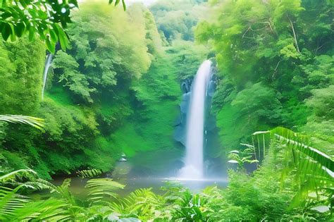 Premium Ai Image Lush Rainforest With Towering Trees Cascading Waterfalls