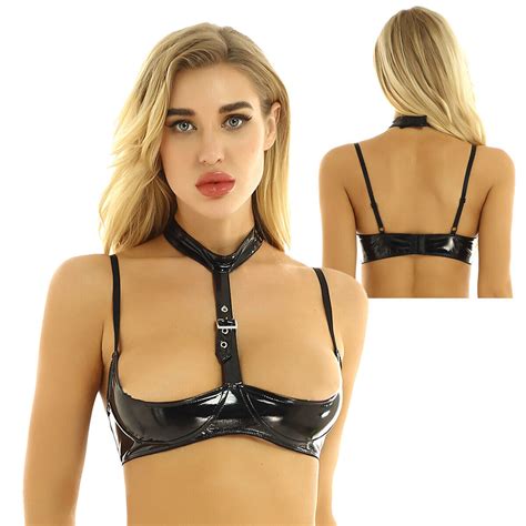 Damen Lack Leder Offene B Stenhebe Neckholder Brust K Rper Bh Harness