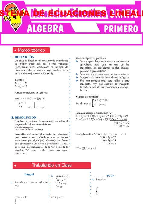 Sistema De Ecuaciones Lineales Para Primer Grado De Secundaria Marco