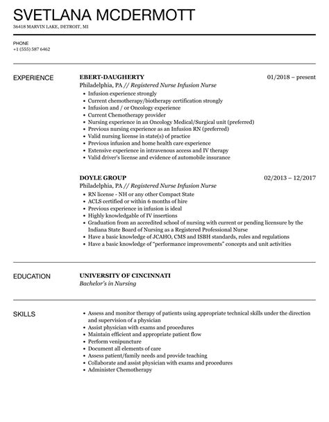 Registered Nurse Infusion Nurse Resume Samples Velvet Jobs