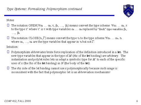 Type Systems Formalizing Polymorphism Continued