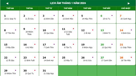 Lịch âm tháng 1 năm 2024 Xem lịch âm hôm nay