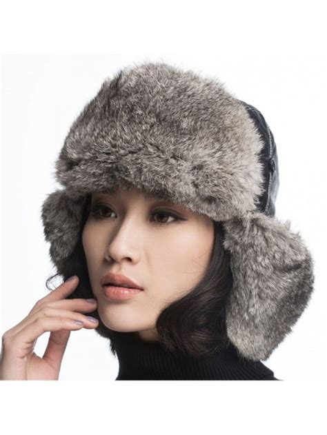 Rabbit Fur Aviator Hat Women Black Leather Winter Bomber Cap Russian