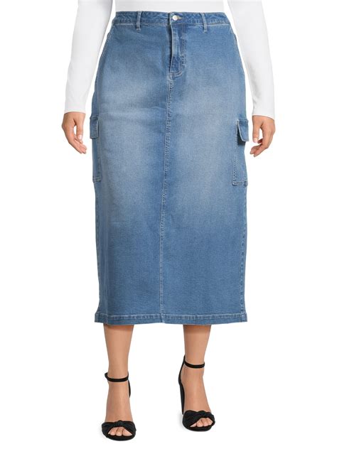 Alivia Ford Womens Plus Denim Midi Skirt With Cargo Pockets Sizes 14w