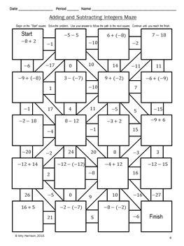 Free Adding And Subtracting Integers Middle School Math Maze Adding