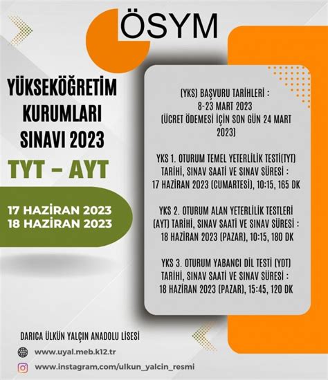 ÖSYM 2023 YKS SINAV DUYURUSU AÇIKLANDI Darıca Ülkün Yalçın Anadolu Lisesi