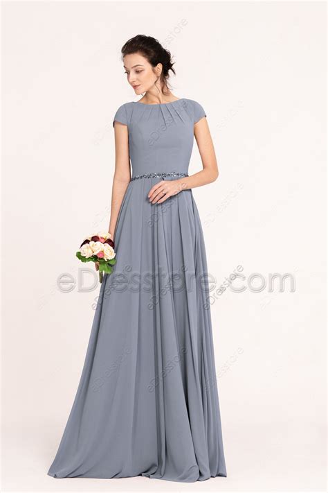 Modest Steel Blue Bridesmaid Dresses With Beadings Edresstore