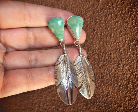 Navajo Earrings Silver Feather Turquoise Earrings Native American