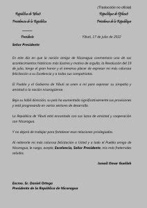 Presidente de Yibuti saludó el aniversario de la Revolución Sandinista