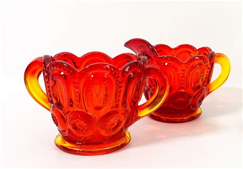 Vintage Amberina Red Glass Sugar And Creamer Moon And Stars Open Sugar Ornate Handles Retro