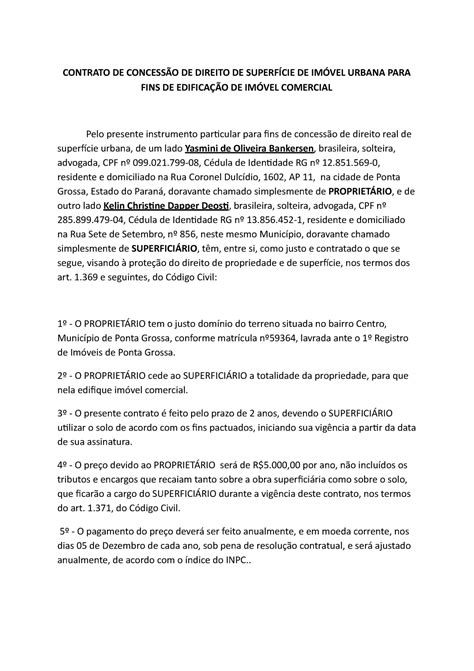 Contrato De Concessao De Superf Cie Contrato De Concess O De Direito