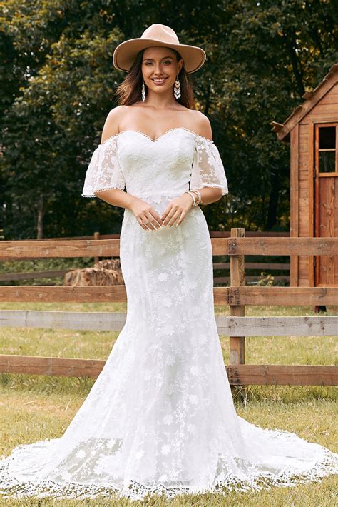 Zapaka Women Ivory Mermaid Lace Wedding Dress With Sleeves Off The Shoulder Sweep Train Bridal