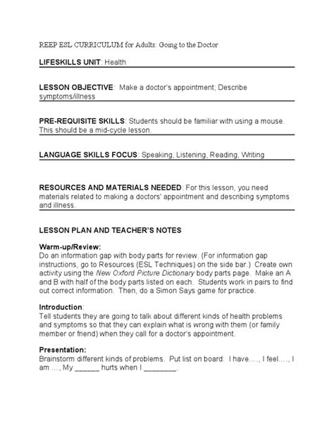 Reep Esl Curriculum For Adults Going To The Doctor Pdf English As A